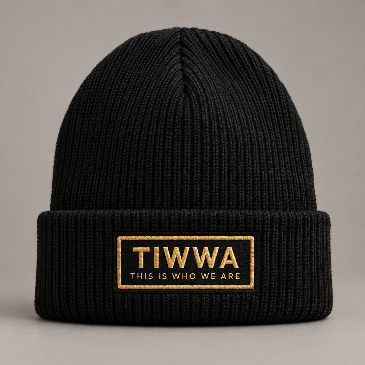 Black TIWWA beanie with gold Identity Patch design mockup