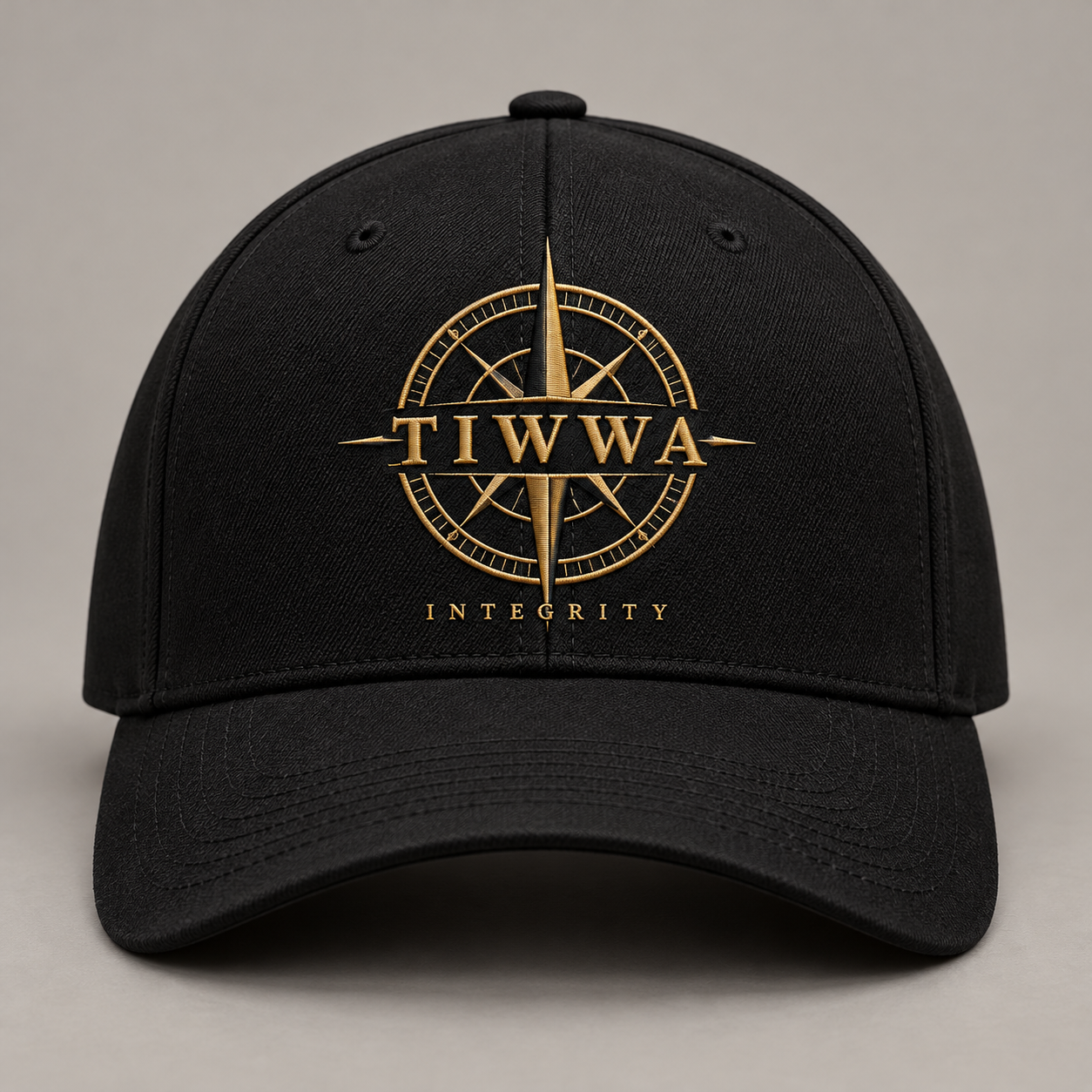 Black TIWWA hat with gold Character Compass design mockup